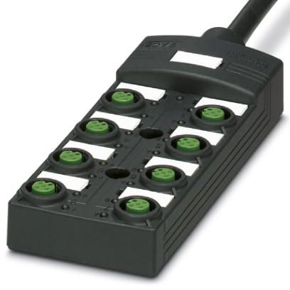 Phoenix Contact Sensor/Actuator Box; SACB-8/ 8-L-10.0PUR SCO P NPN; 8 Inputs; M12; LED; NPN Signal; Single Occupancy; 24VDC; 10m Potted Cable; IP67